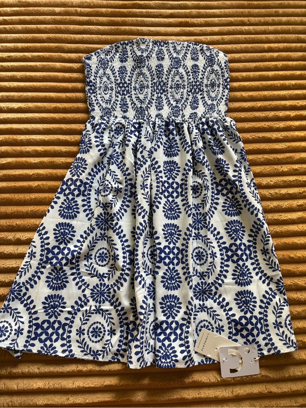 Commense Strapless White Dress with Blue Medallion Print
